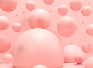 Sakız baloncukları. Dinamik zıplayan toplar ve metin için kopyalama alanı. Pembe pastel arka plan reklamı. Platform, şablon için sergi tabanı. Tatlı şekerler - 3D resimleme 