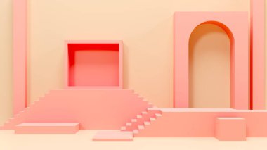Arch, Pedestal, stairs, shelf and niche. Pastel nice colors. 3d render illustration. Podium steps for brand promotion product. Creative background for advertising presentation. Stand base mockup.
