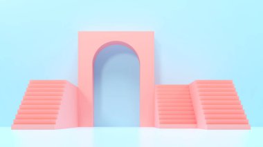 Pembe kemerler, merdivenler, basamaklar ve arka plan - 3D çizim. Soyut minimalist mimari kompozisyon. Marka ürününü sergilemek için boş alan.
