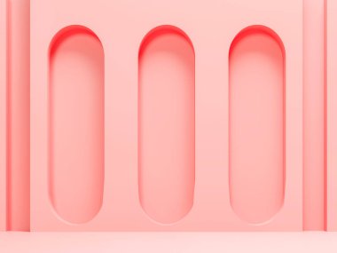 Pink arches, niche and background - 3d render illustration. Abstract minimalistic architectural composition. Empty space for exhibition presentation of brand product.