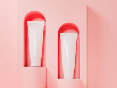 Tüpler - 3 boyutlu görüntüleme. Boş yüz kremi. Kozmetik ürünleri arka planda yatar. Fotokopi alanı ile reklam modeli. Son moda gerçekçi cilt kremi veya saç bakım kremi seti.