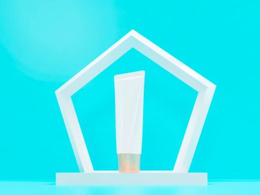 Tüp - 3 boyutlu görüntüleme. Boş yüz kremi. Kozmetik ürünleri arka planda yatar. Fotokopi alanı ile reklam modeli. Son moda gerçekçi cilt kremi veya saç bakım kremi seti.