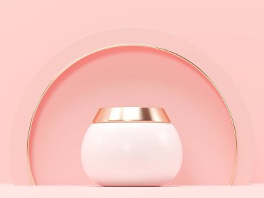 Kavanoz - 3 boyutlu çizim çizimi. Boş yüz kremi. Kozmetik ürünleri arka planda yatar. Fotokopi alanı ile reklam modeli. Son moda gerçekçi cilt kremi veya saç bakım kremi seti.