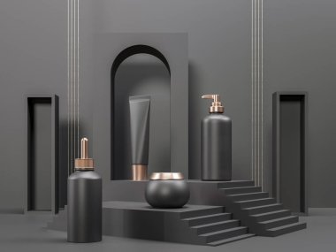 Moisturizing cream, soap, gel, oil in jar, tube. Cosmetic set Gift, Anniversary Present. Dark black background for ad brand products. March 8, Valentine's Day Sale, Discounts. 3d render illustration