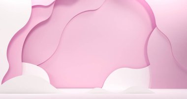 Yaz marşmelovları, sakızlı kağıt kesim şekerlemeleri. Çocuk eşyaları için parlak poster, spor markası. Podyum, reklam standı. Kopya alanı olan pembe şablon. Kağıt kesimi arkaplan 3d illüstrasyon.