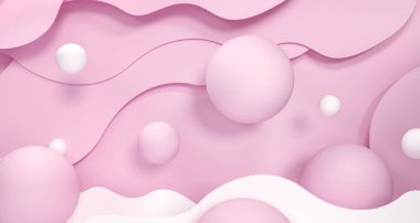 Yaz marşmelovları, sakızlı kağıt kesim şekerlemeleri. Çocuk eşyaları için parlak poster, spor markası. Podyum, reklam standı. Kopya alanı olan pembe şablon. Kağıt kesimi arkaplan 3d illüstrasyon.