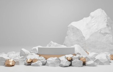Taşlar 3D render illüstrasyonu şekillendirir. Yuvarlak podyum, marka ürün sergisi için kaide. Altın beyaz renk. Reklam tasarımı için model şablonu.