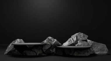 Taşlar 3D render illüstrasyonu şekillendirir. Yuvarlak podyum, marka ürün sergisi için kaide. Koyu siyah renk. Reklam tasarımı için model şablonu.