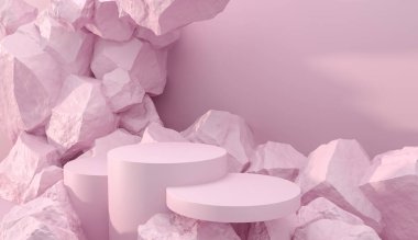 Taşlar 3D render illüstrasyonu şekillendirir. Yuvarlak podyum, marka ürün sergisi için kaide. Katı pastel pembe renk. Reklam tasarımı için model şablonu.