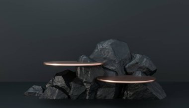 Taşlar 3D render illüstrasyonu şekillendirir. Yuvarlak podyum, marka ürün sergisi için kaide. Koyu siyah renk. Reklam tasarımı için model şablonu.
