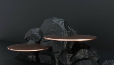Taşlar 3D render illüstrasyonu şekillendirir. Yuvarlak podyum, marka ürün sergisi için kaide. Koyu siyah renk. Reklam tasarımı için model şablonu.