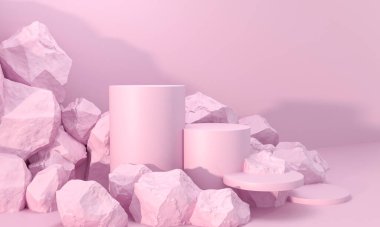 Taş ve Kaya şekilli 3D çizim. Yuvarlak podyum, marka ürün sergisi için kaide. Katı pastel pembe renk. Reklam tasarımı için model şablonu.