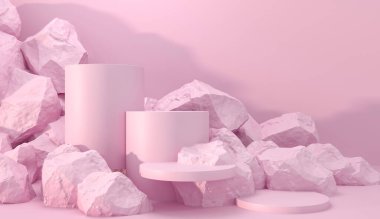Taş ve Kaya şekilli 3D çizim. Yuvarlak podyum, marka ürün sergisi için kaide. Katı pastel pembe renk. Reklam tasarımı için model şablonu.