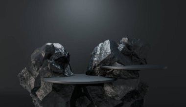 Taşlar 3D render illüstrasyonu şekillendirir. Yuvarlak podyum, marka ürün sergisi için kaide. Koyu siyah renk. Reklam tasarımı için model şablonu.