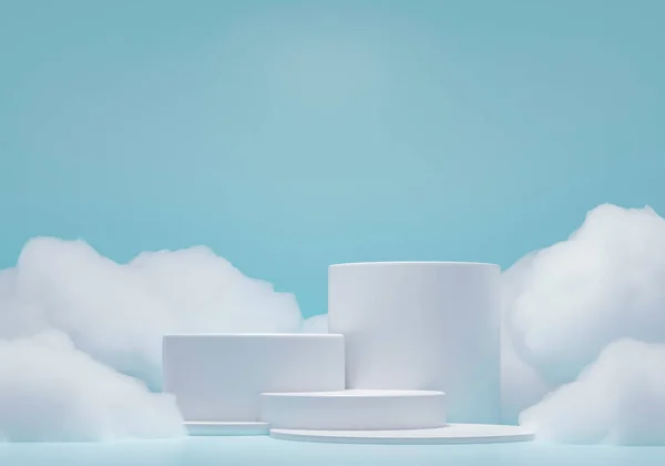 Yaya ve yumuşak tüylü bulutlar, beyaz sabunlu köpük. 3 boyutlu resimleme. Marka tanıtım ürünleri için podyum. Reklam sunumu için yaratıcı mavi tıbbi altyapı. Temel modellemeyi uygula