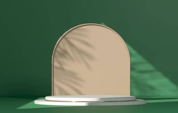 Podyum, kaide etrafında sergi. 3 boyutlu resimleme. Kozmetik ürünler demek. Geometrik - mimari bileşim. Altın çerçeveli beyaz baz podyumu. Yeşil doğal arkaplan.