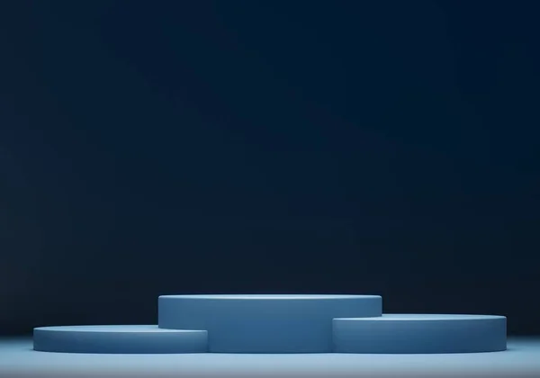 Boş alanı olan birinci sınıf bir podyum - 3D görüntüleme. Ürün sergileri ve sunumları için maket. Mavi arkaplan - teknoloji ve iş veya terapi rahatlama ve sağlık.