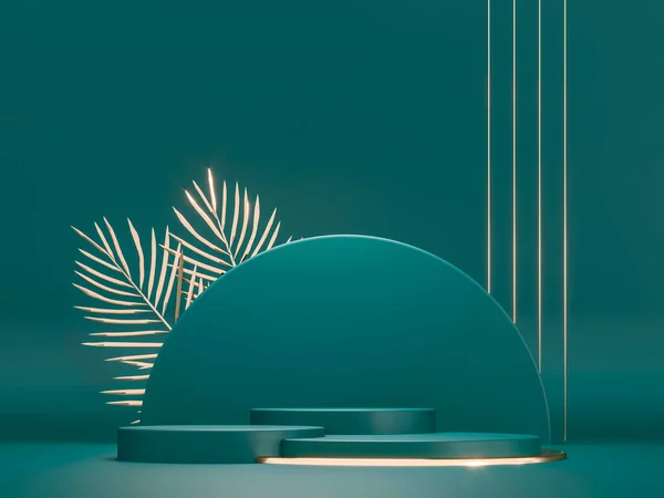 Yuvarlak kaideler, yeşil silindir, altın palmiye yaprakları - 3 boyutlu resimleme. Yaratıcı reklamcılık için heykel kompozisyonu. Boş podyum, ürün tanıtımı için üs. Lüks karanlık kraliyet modeli.