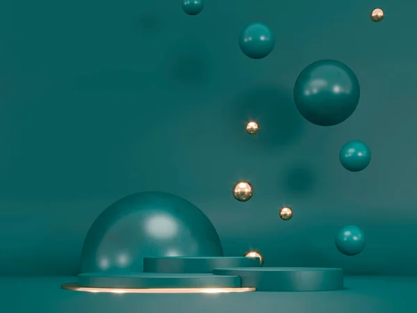 Yuvarlak kaideler, yeşil silindir, altın dekor - 3 boyutlu resimleme. Yaratıcı reklamcılık için heykel kompozisyonu. Boş podyum, ürün tanıtımı için üs. Lüks karanlık kraliyet modeli.