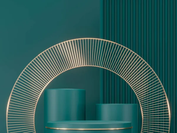 Piedistalli Rotondi Cilindro Verde Decorazione Oro Illustrazione Rendering Composizione Scultorea — Foto Stock