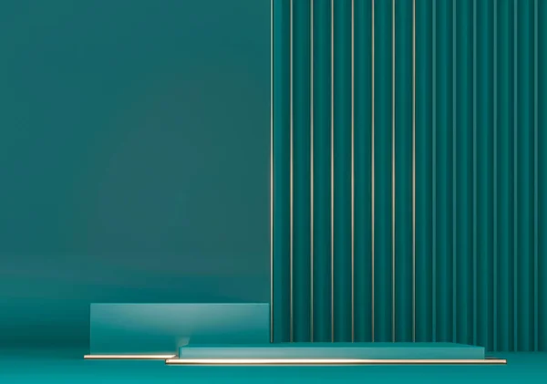 Küp şeklinde kaide, yeşil kutu, altın dekor - 3D çizim. Yaratıcı reklamcılık için heykel kompozisyonu. Boş podyum, ürün tanıtımı için üs. Lüks karanlık kraliyet modeli.