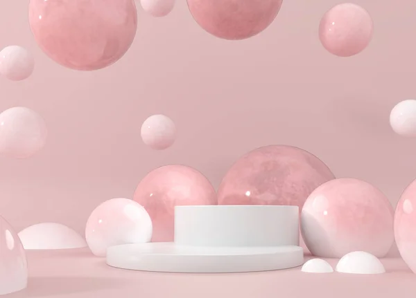 Sakız baloncukları. Dinamik zıplayan toplar ve metin için kopyalama alanı. Pastel arka plan reklamı. Platform, şablon için sergi tabanı. Tatlı şekerler - 3D resimleme 