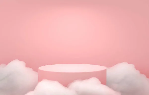 Pedestal and Delicate fluffy clouds, white soapy foam. 3d render illustration. Podium for brand promotion product. Creative pink background for advertising presentation. Stand base mockup