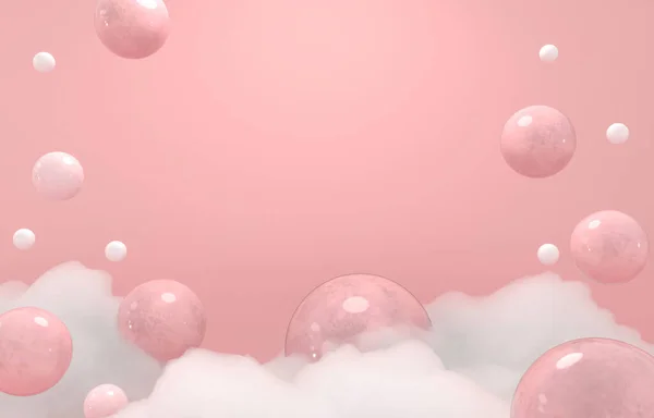 Exhibition base for product. Sweet candies - 3d render illustration Delicate fluffy clouds, white soapy foam. Empty space for goods. Pink pastel background. Chewing gum bubbles.