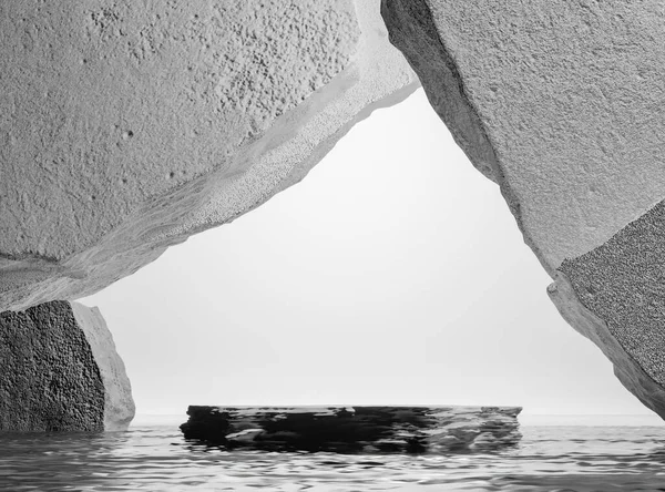 Yuvarlak sert taş kaidesi, karanlık suda siyah silindir. 3 boyutlu resimleme. Altın parıltılı dekor tasarımı. Ürün tanıtımı için boş bir üs. Taş şekilli podyumu olan lüks altın bir maket.