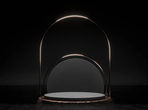 Yuvarlak taş kaidesi, karanlık suda siyah silindir. 3 boyutlu resimleme. Altın parıltılı dekor tasarımı. Ürün tanıtımı için boş bir üs. Çerçeveli lüks altın model.