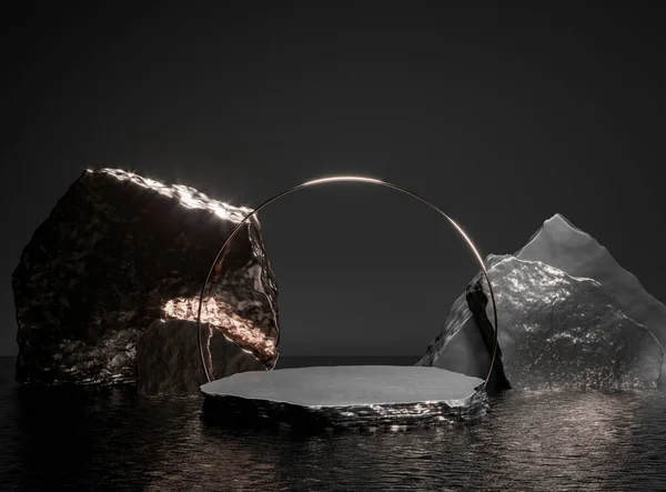 Yuvarlak sert taş kaidesi, karanlık suda siyah silindir. 3 boyutlu resimleme. Altın parıltılı dekor tasarımı. Ürün tanıtımı için boş bir üs. Taş şekilli podyumu olan lüks altın bir maket.