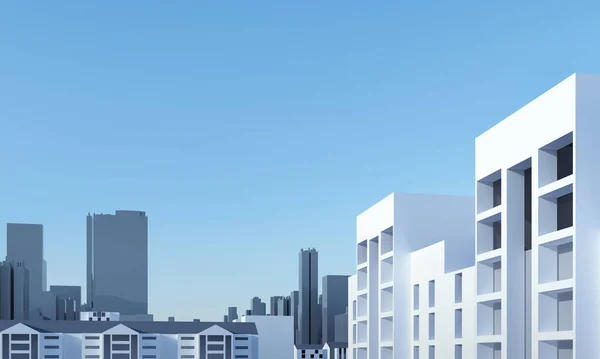 Rental housing and real estate. City Urban 3D panorama on blue sky. Render illustration. Apartment advertising promotion banner. Office business center environment. High-rise skyscrapers.