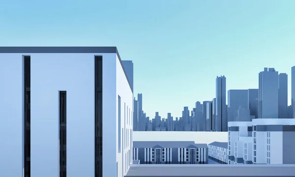 办公大楼公司 城市3D全景在蓝天上 渲染插图 公寓广告促销横幅 办公商务中心环境 高层摩天大楼 租住屋 — 图库照片