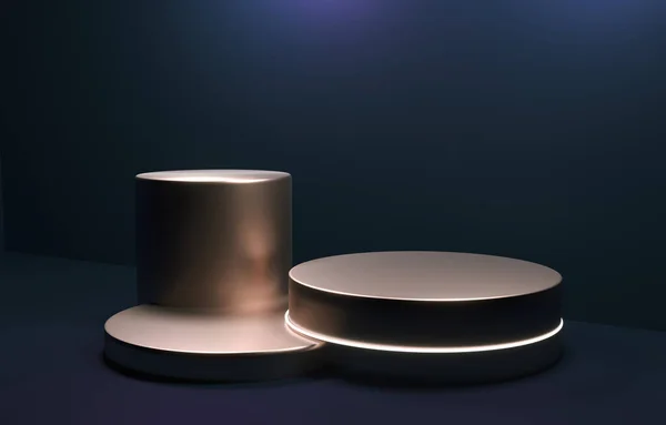 Altın podyum, mavi arka planda dur. Malların, markaların sergilenmesi için klasik bir gösteri. Tasarım şablonu modeli - 3D canlandırma çizimi. Altın taban, yukarıdan gelen spot ışıklarıyla aydınlatılmış.