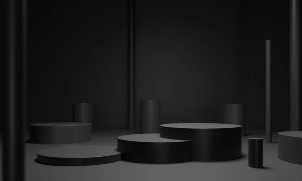 Yuvarlak kaideler, saf siyah silindir - 3 boyutlu çizim. Yaratıcı reklamcılık için heykel kompozisyonu. Boş podyum, ürün tanıtımı için üs. Lüks Kara arka plan