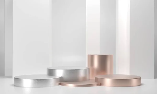 Yuvarlak kaideler, beyaz altın silindir - 3 boyutlu resimleme. Yaratıcı reklamcılık için heykel kompozisyonu. Boş podyum, ürün tanıtımı için üs. Lüks beyaz altın arkaplan