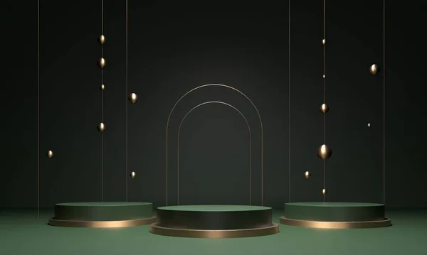 Yeşil podyum, kaide, arka planda platform. Altın çerçeve, uçan küreler - üç boyutlu soyut çizim. Ürün tasarımı için boş alan. Konser ödüllü kazananları göster.
