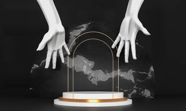 Pedestals Black Marble Cylinder White Hands Render Illustration Sculptural Composition — Stock Photo, Image