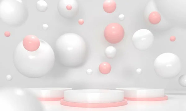 Sakız baloncukları. Dinamik zıplayan toplar ve metin için kopyalama alanı. Pastel arka plan reklamı. Platform, şablon için sergi tabanı. Tatlı şekerler - 3D resimleme 