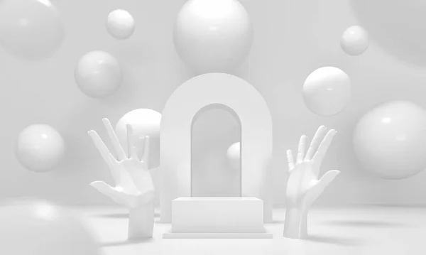 Beyaz podyum, el heykelleri, kadın avuçları. 3 boyutlu resimleme. Mücevher, kozmetik ve marka ambalaj reklamları için bir model. Boş sergi platformu, kaide