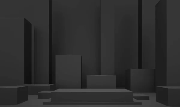 Кубики Коробки Єдесталів Твердий Чорний Циліндр Ілюстрація Рендеринга Скульптурна Композиція — стокове фото