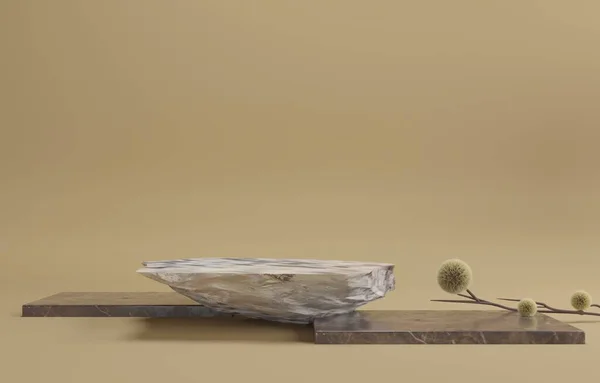 Premium podyum, kaide, pastel bej arka planda dur. Meditasyon rahatlama, spa terapisi ve sağlık. Güneşli sıcak yaz günü. 3 boyutlu resimleme. Dekorasyon için dallar ve çiçekler