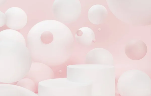 Sakız baloncukları. Dinamik zıplayan toplar ve metin için kopyalama alanı. Pembe pastel arka plan reklamı. Platform, şablon için sergi tabanı. Tatlı şekerler - 3D resimleme 