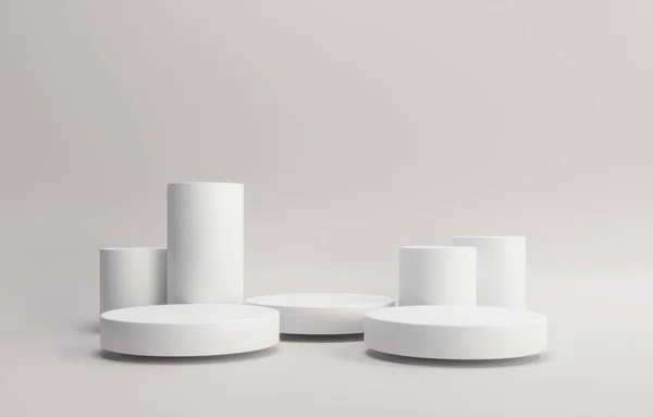 Podyum, sergi yuvarlak kaidesi - 3 boyutlu resimleme. Kozmetik ürünler demek. Geometrik - mimari bileşim. Gri beyaz taban podyumu.