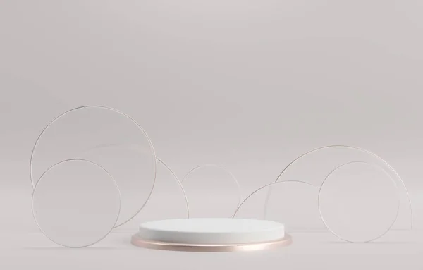 Podyum, sergi yuvarlak kaidesi - 3 boyutlu resimleme. Kozmetik ürünler demek. Geometrik - mimari bileşim. Cam, altın dekoru olan gri, beyaz bir temel podyum..