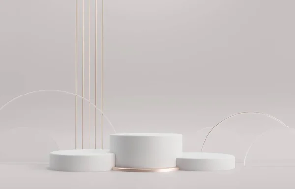 Podyum, sergi yuvarlak kaidesi - 3 boyutlu resimleme. Kozmetik ürünler demek. Geometrik - mimari bileşim. Cam, altın dekoru olan gri, beyaz bir temel podyum..