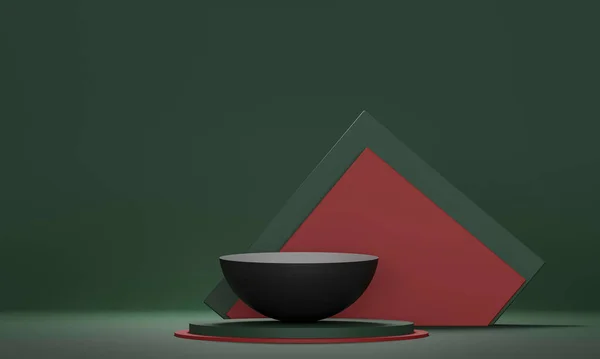 绿色的讲台 深色背景的平台 红色框架 3D提供了抽象的示例 产品模型设计的空白空间 音乐会奖赏获奖者 — 图库照片