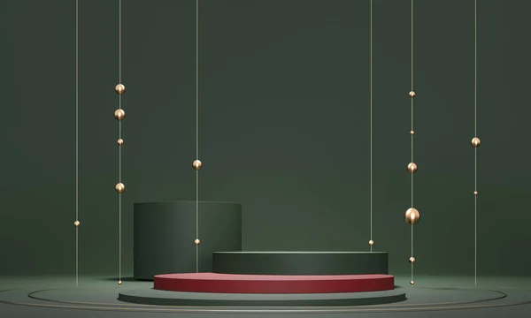 Yeşil podyum, kaide, arka planda platform. Altın çerçeve - 3d soyut resimleme. Ürün tasarımı için boş alan. Konser ödüllü kazananları göster.