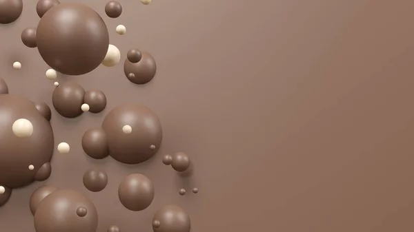 Çikolatalı süt şekerlemeleri sıfır yerçekiminde uçar. 3 boyutlu resimleme. Boş çerçeve modeli. Kaotik dağınık konfeti küreleri, toplar. Karamelli şekerler - lezzetli çikolatalar