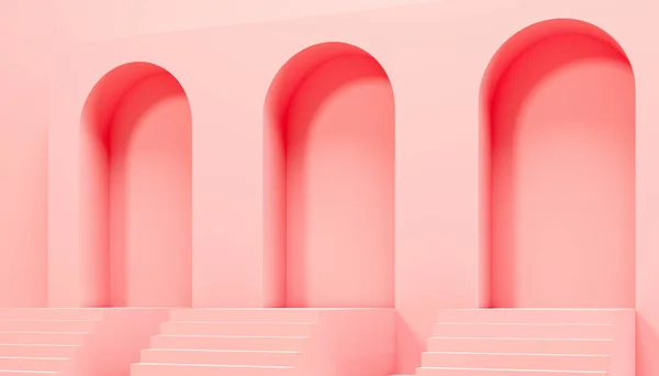 Pink arches, stairs, steps and background - 3d render illustration. Abstract minimalistic architectural composition. Empty space for exhibition presentation of brand product.
